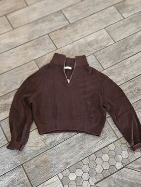 Final Touch Brown Cropped Half-Zip Turtleneck Sweater